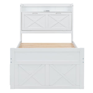English Elm Twin Storage Bed with Headboard Outlets, Extendable Trundle & 3 Drawers, Durable MDF/Plywood Design White 80.5 L x 17.75 W x 5.25 H N733S172839K
