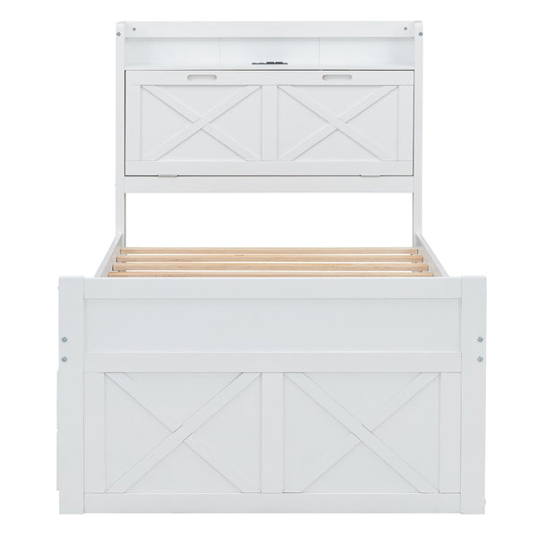 English Elm Twin Storage Bed with Headboard Outlets, Extendable Trundle & 3 Drawers, Durable MDF/Plywood Design White 80.5 L x 17.75 W x 5.25 H N733S172839K