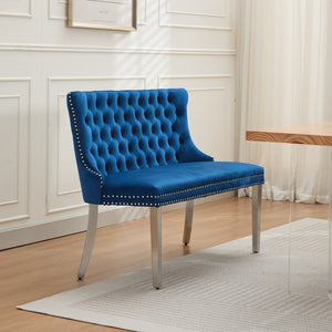 English Elm Velvet Wingback Dining Bench Tufted Two Seat Mid Century Modern Brushed Steel Base Blue W1143P406981