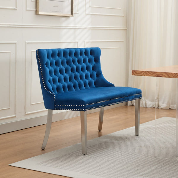 English Elm Velvet Wingback Dining Bench Tufted Two Seat Mid Century Modern Brushed Steel Base Blue W1143P406981