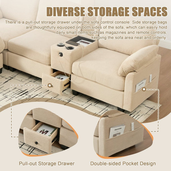 English Elm United Multifunctional L-Shaped Corduroy Sofa: 4-Seater With Usb Ports, Storage, And Comfort Features W1568S00226-GIGA