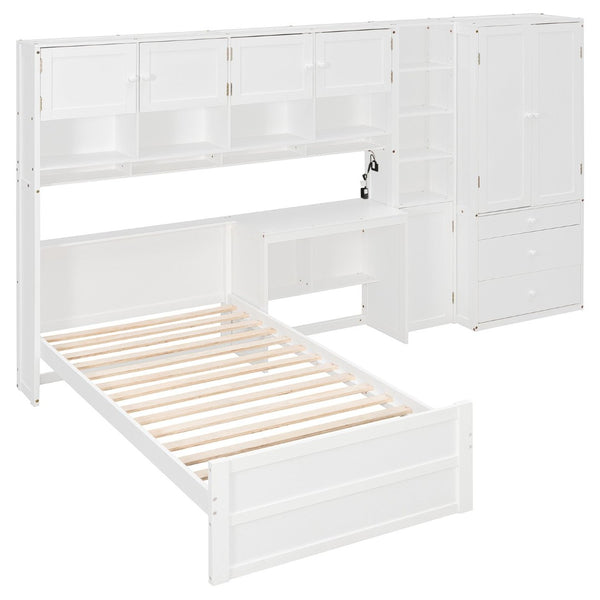 English Elm Wooden Twin Loft Bed with Built-in Desk Wardrobe Storage Drawers and Led Lighting N820S00069K