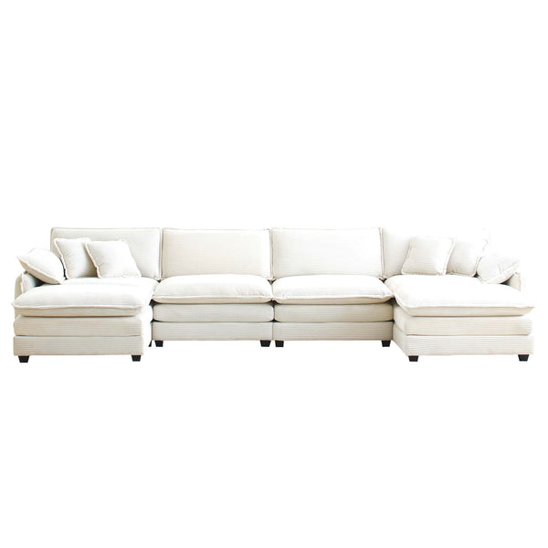 English Elm Over oversized U Shape Corduroy Sofa – Modern 4-Seater with 2 Ottomans, Plush Memory-Foam Comfort, Beige Glam W714S00695