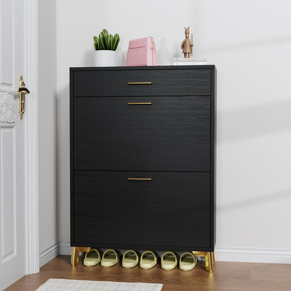 English Elm Shoe Storage Cabinet with Slim Footprint and 2 Flip Drawers, Durable MDF & Metal Organizer for Entryway Black W578124377