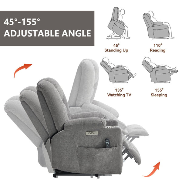 English Elm Emon's Overstuffed Chenille Power Lift Recliner with Massage Heat and Charging Ports Light Gray W1803S00091
