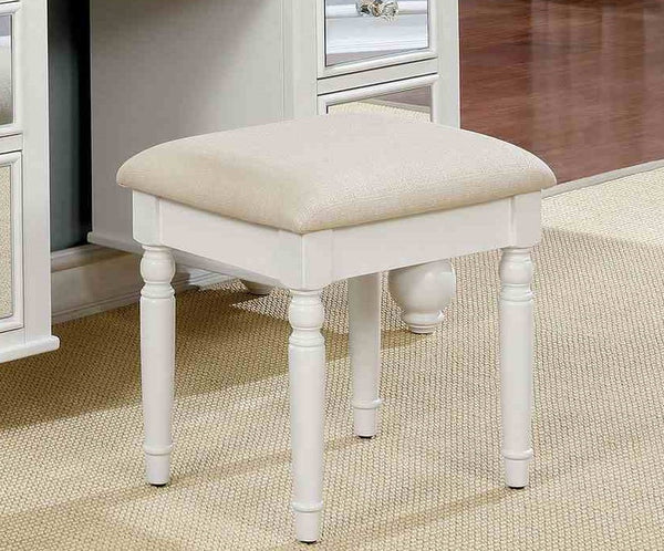 English Elm White Glam Vanity Set with Stool and Tri-Fold Mirror, Shimmer Inserts, Upholstered Stool, Drawers B2741P400818