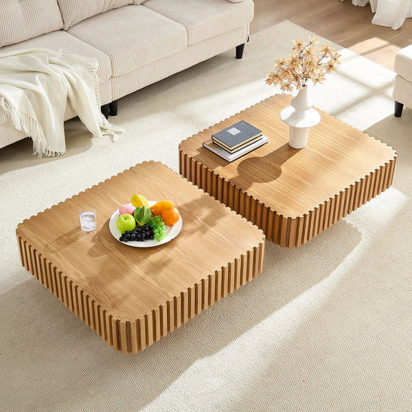 English Elm 31.5 Inch Modern Handcraft Drum Coffee Table Square MDF Pedestal Low Profile Rustic Accent Table Natural W2582P360260