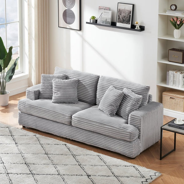 English Elm 79.3 Inch Corduroy Three Seat Sofa with Toss Pillows Modern Low Profile Living Room Couch Gray W1658P200010