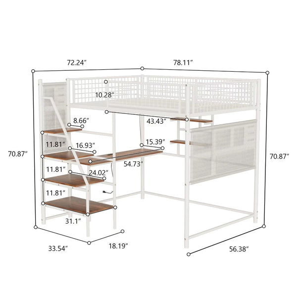 English Elm Black Metal Loft Bed with Built-in Desk Rgb Led Lighting and Charging Station White W1671S00007