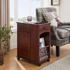 English Elm Powered Narrow End Table with Charging Station, Walnut Bedside Table with Wheels, USB Ports, Storage W1693P227261