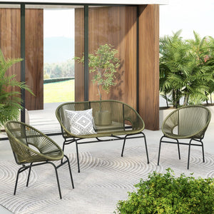 English Elm Christopher Knight Home® - NUSA Faux Wicker 3-Piece Outdoor Patio Chat Set with Rustproof Iron Frame, Curved Club Chairs & Loveseat Green NUSA3PCSETGRN