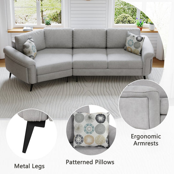 English Elm 111" Upholstered 3-Seater Sofa with Curved Ergonomic Arms, Metal Legs & Removable Patterned Pillows Gray N719S001800E