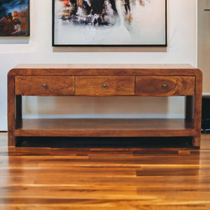 English Elm Solid Mango Wood Media Console with Three Drawers Open Slot Chestnut Finish B182P202524