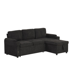 English Elm 83.5" L-shaped Sofa Couch Convertible Sectional with Reversible Chaise, Hidden Storage, USB Ports Black N719S001790B