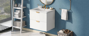 English Elm Modern 24-Inch Wall-Mounted Bathroom Vanity with 2 Drawers, Gold Handles, Space-Saving Luxury White WF324047AAK