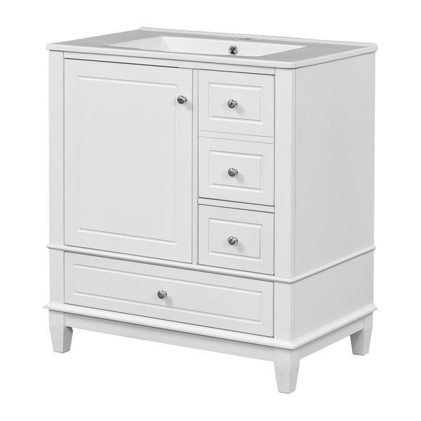 English Elm Christopher Knight Home® - 30" Freestanding Bathroom Vanity with Ceramic Sink, Soft-Close Door, Gold Knobs & 3 Drawers, Durable Painted Finish White N759P225994K