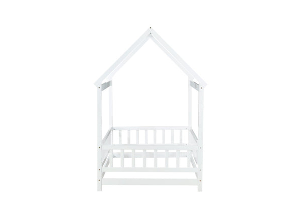 English Elm Twin Size House Floor Bed With Roof Frame & Safety Guardrails - Cozy Wooden Design For Kids' Rooms W504P286403-GIGA