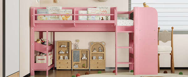 English Elm Twin Low Loft Bed Solid Pine Frame Kids Study Desk Blackboard Storage White W1580S00298