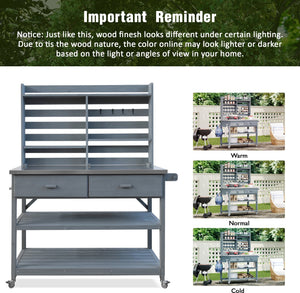English Elm K&K 64.9" Outdoor Potting Bench with 1.2" Stainless Steel Top, Lockable Wheels, Hutch & Drawers Grey+Blue N707P228274G