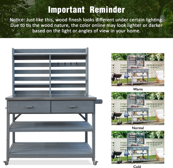 English Elm K&K 64.9" Outdoor Potting Bench with 1.2" Stainless Steel Top, Lockable Wheels, Hutch & Drawers Grey+Blue N707P228274G