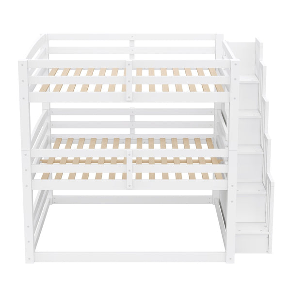 English Elm Full Size Triple Bunk Bed Solid Pine Frame with Storage Staircase Separate Convertible Design White N7090000477K