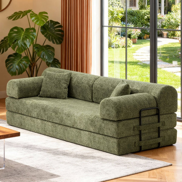 English Elm Convertible Bouclé Floor Sofa Bed Loveseat Daybed for Studio Living Room Green W5532P458419