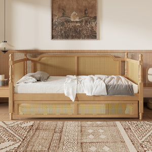 Traditional Woven Rattan Full Daybed with Pull Out Trundle Antique Walnut Pine Frame