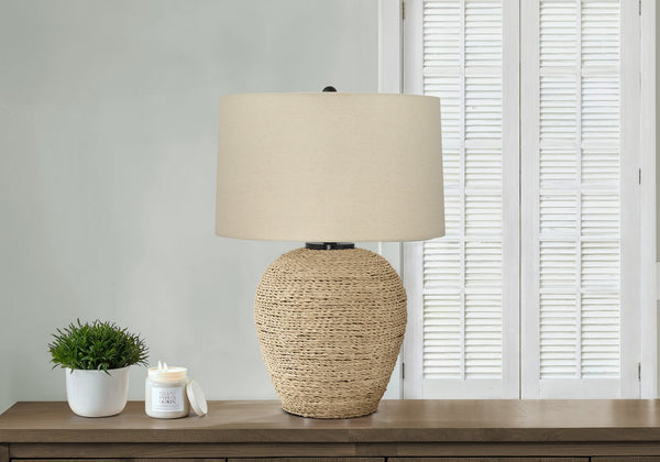 English Elm Lighting, Tropical Rattan 25" Table Lamp with Beige Linen Drum Shade, 3-Way Rotary Switch, 100W Output B2710P220129