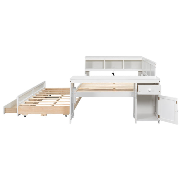 English Elm Full Size Pine Wood Platform Daybed with Led Headboard Desk Storage and Charging White N7090000475K-1