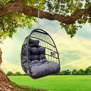 English Elm Swing Hammock Egg Chair with Wood-Grain Alloy Frame, UV-Resistant Rattan, Foldable 350lb Capacity Black W2707P184373