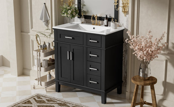 English Elm 30" Freestanding Bathroom Vanity Ceramic Sink Soft Close Cabinet Gray Wood Frame Black N729P427118B