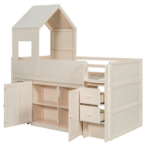 English Elm Twin House Loft Bed with Pull Out Rolling Desk Stair Drawers and Cabinet Storage Beige N820S00072A