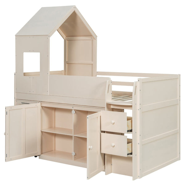 English Elm Twin House Loft Bed with Pull Out Rolling Desk Stair Drawers and Cabinet Storage Beige N820S00072A