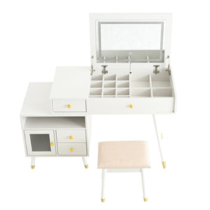 English Elm 3-in-1 Vanity Desk with LED Flip Mirror, Compact Makeup/Dressing Table with Storage Drawers & Stool White N844P291656A