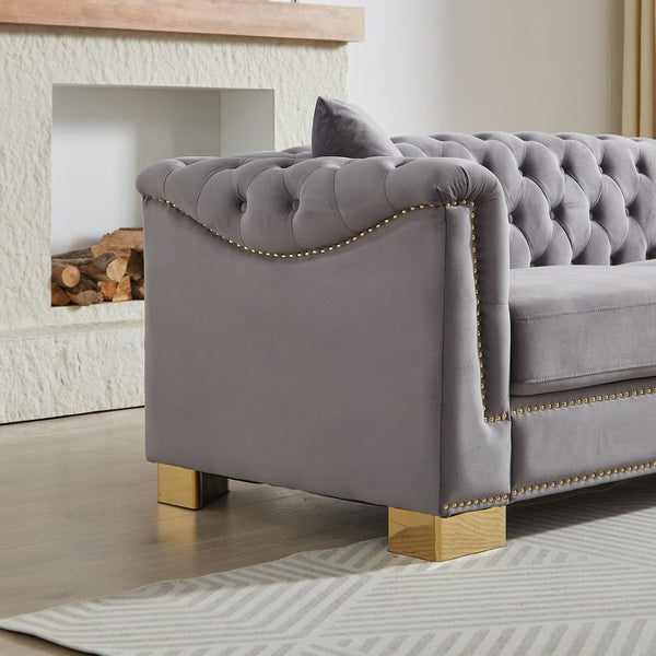 English Elm 3-seater Modular Chesterfield Velvet Sofa Tufted Gold Stud Detail for Elegant Living Rooms Grey W1926S00101