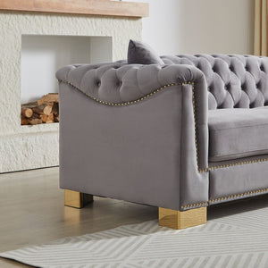 English Elm 3-seater and 2-seater Chesterfield Velvet Sofa Set with Tufted Back Gold Stud Trim Grey W1926S00106