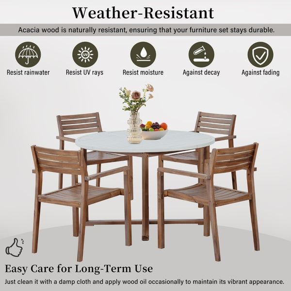 English Elm U_style Solid Acacia Wood Round Outdoor Dining Set Seats Four with Slatted Design Light Gray,Natural & Light Brown WY000475AAD