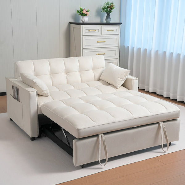 English Elm Sleeper 3-in-1 Velvet Pull-Out Sofa Bed with Adjustable Backrest, Storage Pockets, 2 Pillows, Cream W3138P281697