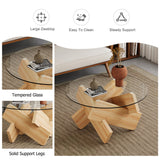 English Elm Circular Glass Coffee Table, 33.4-Inch Modern and Distinctive Design Tea Table. Tempered Glass Countertop, Wood Colored Mdf Table Legs. Suitable For Living Rooms and Farmhouses