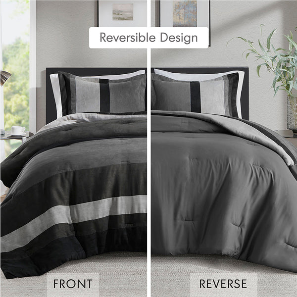 JLA Home Comfort Spaces - Pieced Faux Suede Comforter Set with Modern Two-Tone Colorblock, Oeko-Tex Certified Softness Black AM10-0030