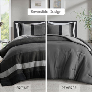 JLA Home Comfort Spaces - Pieced Faux Suede Comforter Set with Transitional Stripes, Lightweight Year-Round Warmth and Plush Loft Black AM10-0028