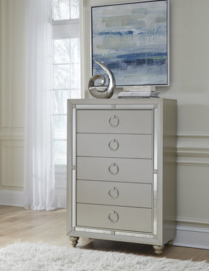 English Elm CHLOE Mirrored Gemstone Silver Chest with Spacious Drawers, Bun Feet and Center Metal Glide Elegance Silver+Grey 36.38 L x 19.75 W x 49.25 H B201P215913