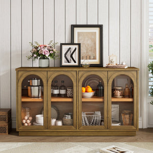 English Elm TREXM 4-Door Large Storage Buffet Cabinet with Glass Doors, Adjustable Shelves and Cable Port Old Pine N715P247544D