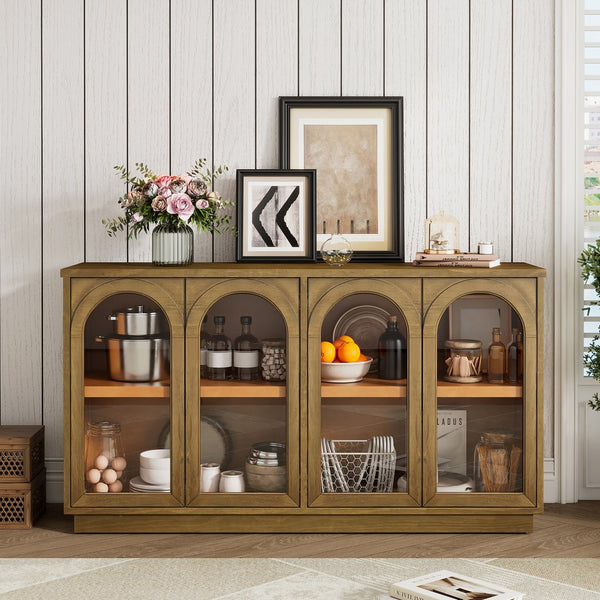 English Elm TREXM 4-Door Large Storage Buffet Cabinet with Glass Doors, Adjustable Shelves and Cable Port Old Pine N715P247544D