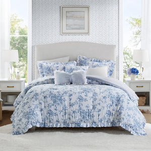 JLA Home Madison Park Essentials - 5 Vintage Coquette Comforter Set with Ruffle Trim, Reversible Stripe, OEKO‑TEX Microfiber for Charming Bedrooms Blue MPE10-1166