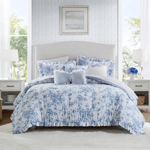 JLA Home Madison Park Essentials - 5 Vintage Coquette Comforter Set with Ruffle Trim, Reversible Stripe, OEKO‑TEX Microfiber for Charming Bedrooms Blue MPE10-1166