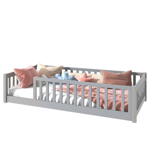 English Elm Twin Solid Rubberwood Floor Bed with Full Perimeter Safety Rails for Toddler Rooms Grey W504P296793