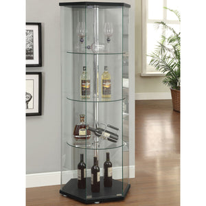 English Elm Tenley Hexagonal Black & Chrome Glass 4-Shelf Curio Cabinet — Modern Accent Display Shelf, 63.5" B062P328641