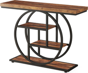 English Elm 41.3" Industrial 4-tier Narrow Console Table with Circular Metal Frame and Rustic Wood Shelves Brown T3971P418158