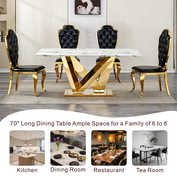 English Elm Marble Dining Table For 6 – Luxe Faux Marble Kitchen Table With Gold Mirrored Base, Modern Design W3456S00044